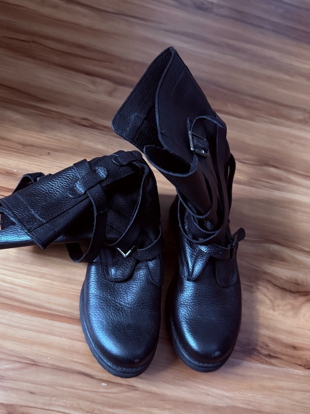 Steve Madden Women's Black Leather Combat Boots with Buckle Straps